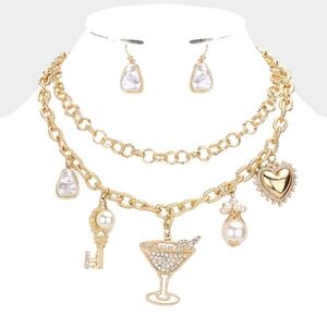 Cream Pearls Gold Key Heart Martini Charm Pendant Layered Crystal Necklace Set